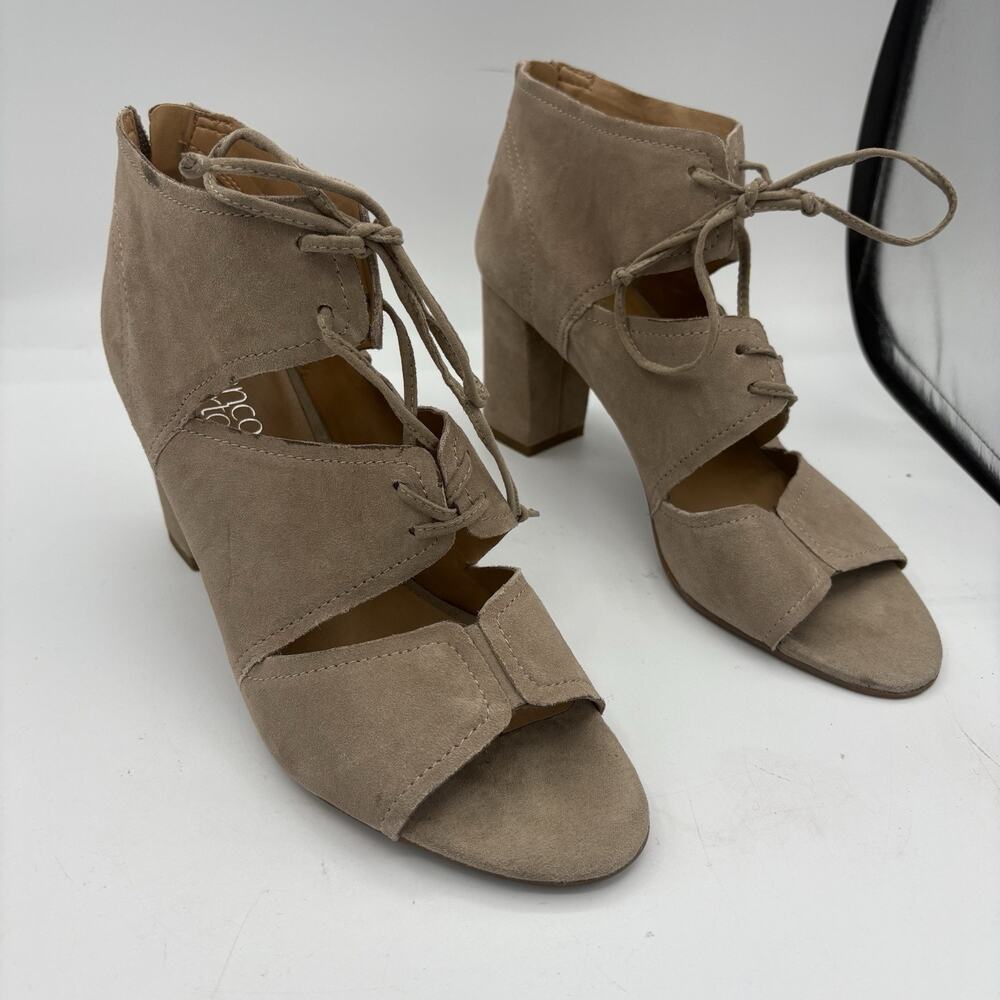 Franco Sarto Sandal Heels Womens Size 9 Gazella Tan Leather Tie Block Zip H4